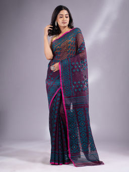 CHARUKRITI - Purple Silk Cotton Handwoven Jamdani Saree with Unstitched Blouse