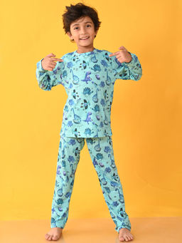 ANTHRILO - Space Dinsoaur Full Sleeve Pyjama-Aqua Blue (Set of 2)