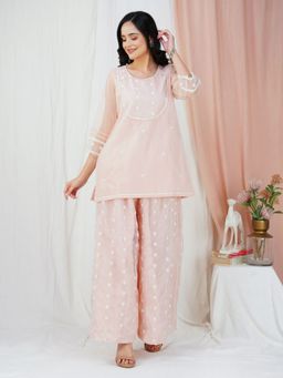 Zuri - Peach Lace Embroidered Short Organza Kurta paired with matching Palazzo