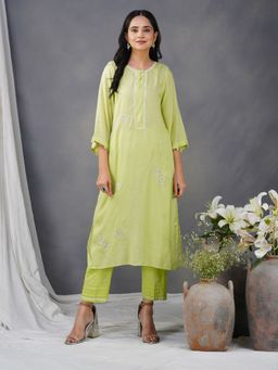 Zuri - Lime Green Embroidered Cotton Silk Kurta Paired With Matching Pant