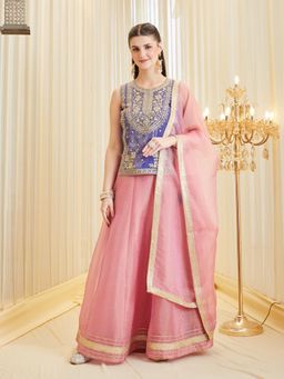 MOKOSH - Women Royal Blue Embroidered Silk Lehenga Choli with Dupatta