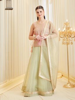 MOKOSH - Women Baby Pink Embroidered Silk Lehenga Choli with Dupatta