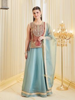MOKOSH - Women Maroon Embroidered Silk Lehenga Choli with Dupatta