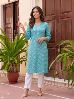 Rangita - Women Light Blue Printed Kurta