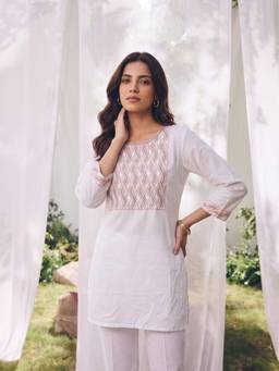 Rangita - Women Off White Embroidered Short Kurta