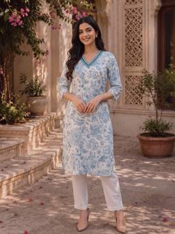 Rangita - Women Blue Floral Print Kurta