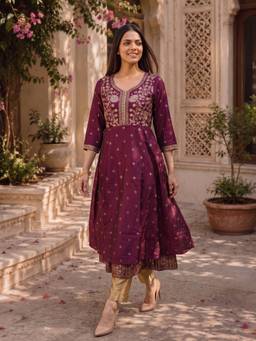 Rangita - Maroon Women Embroidered Kurta