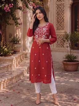 Rangita - Women Embroidered Rust Kurta