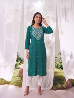 Rangita - Teal Women Embroidered Kurta
