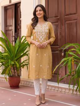 Rangita - Women Beige Embroidered Kurta