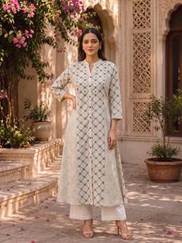 Rangita - Women Off White Geometric Kurta