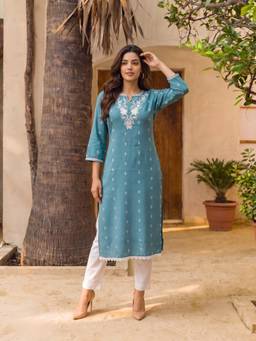 Rangita - Women Blue Embroidered Kurta