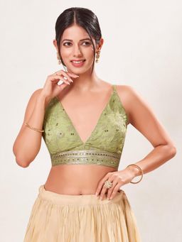 VAMAS - THE DESIGNER BLOUSES - Women's Green Jain Silk Padded Sleeveless Saree Blouse