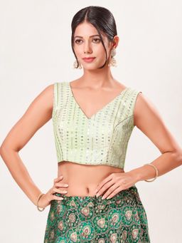 VAMAS - THE DESIGNER BLOUSES - Women's Green Embroidery Padded Sleeveless Saree Blouse