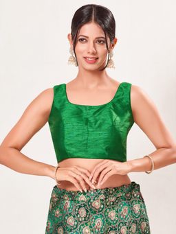 VAMAS - THE DESIGNER BLOUSES - Women's Green Dupion-Silk Padded Sleeveless Saree Blouse
