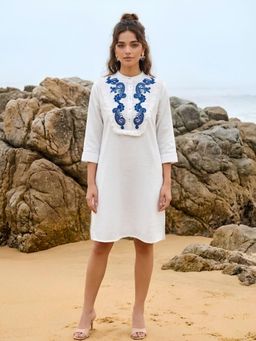 Dora Dori - Bohemian Pure Cotton Mandarin Collar Embroidered Yoke Dress