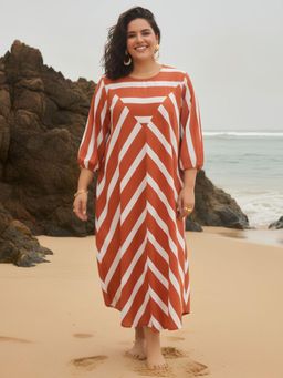Dora Dori - Striped A-Line Cotton With Elaticated Sleeve Maxi Dress