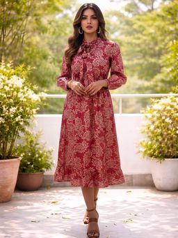 Dora Dori - Pink Paisley Print Fit And Flare With Tie-Up Neck Midi Dress