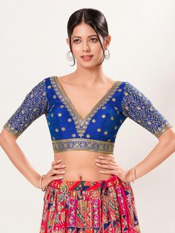VAMAS - THE DESIGNER BLOUSES - Women's Blue Raw Silk Padded Saree Blouse
