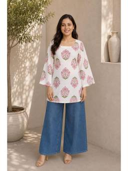 MYSHKA - Women Off White Printed Back Tie-Up Short Kurti