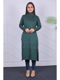 KNITZY - Wollen Green High Neck Textured Kurta