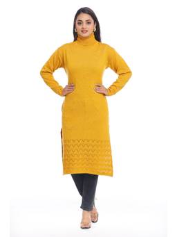 KNITZY - Wollen Yellow High Neck Textured Kurta