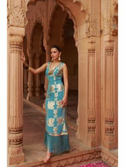 SILCHIC - Women Sage Blue Georgette Floral Jacquard Patterned Foil Dress