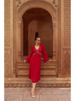 SILCHIC - Sindoor Georgette Embroidered and Sequined Midi Dress