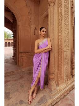 SILCHIC - Women Mastani Crepe Embroidered One Shoulder Dress with Belt