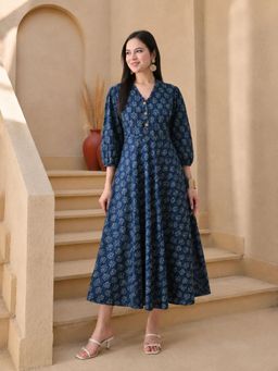 DECKEDUP - Indigo Women Bagru Block Dress