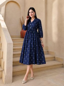 DECKEDUP - Navy Blue Women Cinched Waist Dress