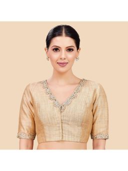 Studio Shringaar - Women's Golden Linen Brocade Embroidered V-Neck Readymade Saree Blouse