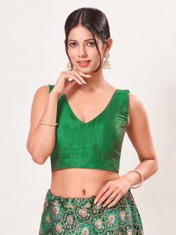 VAMAS - THE DESIGNER BLOUSES - Women's Green Mulbury Silk Padded Sleeveless Saree Blouse
