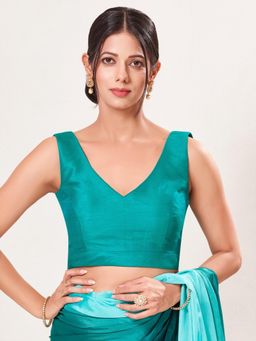 VAMAS - THE DESIGNER BLOUSES - Women's Teal Mulbury Silk Padded Sleeveless Saree Blouse