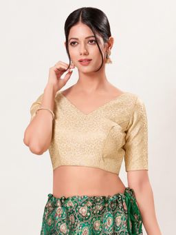 VAMAS - THE DESIGNER BLOUSES - Women's Gold Brocade Padded Elbow-Length-Sleeves Saree Blouse