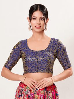 VAMAS - THE DESIGNER BLOUSES - Women's Navy Blue Brocade Padded Front Open Saree Blouse