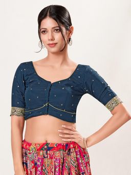 VAMAS - THE DESIGNER BLOUSES - Women's Teal Silk Padded Front Open Saree Blouse