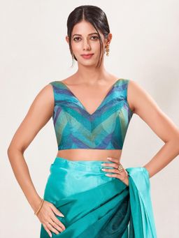 VAMAS - THE DESIGNER BLOUSES - Women's Blue Tissue Padded Sleeveless Saree Blouse