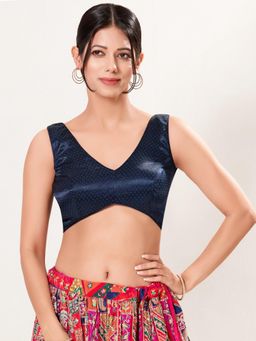 VAMAS - THE DESIGNER BLOUSES - Women's Navy Blue Gaji-Silk Sleeveless Saree Blouse