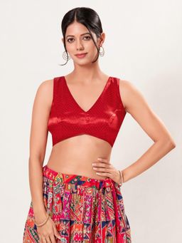 VAMAS - THE DESIGNER BLOUSES - Women's Red Gaji-Silk Padded Front-Open Sleeveless Saree Blouse