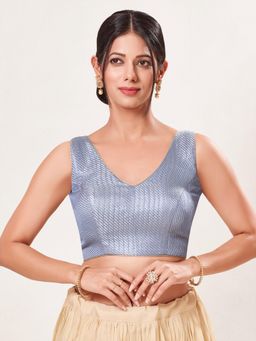 VAMAS - THE DESIGNER BLOUSES - Women's Blue Brocade Padded Sleeveless Saree Blouse