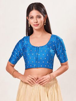 VAMAS - THE DESIGNER BLOUSES - Women's Blue Brocade Padded Front Open Saree Blouse