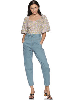 IS.U - Multicolor Floral Puff Sleeve Smocked Crop Top