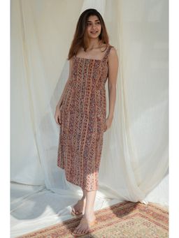 The Indian Ethnic Co. - Brown Kalamkari Strap Cotton Dress