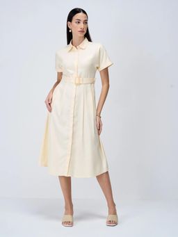 SALT Attire - Beverly Cream Solid Regular Fit Midi Dress with Belt (Set of 2)