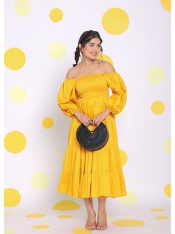 Kaori By Shreya - Women Yellow Relaxed Solid Cotton Midi Dress