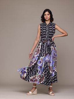 Label Ritu Kumar - Women Black Sleeveless Collar Neck Cotton Maxi Dress with Belt (Set of 2)