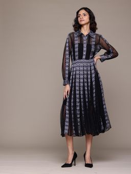 Label Ritu Kumar - Women Black Full Sleeves Collar Neck Net Midi Dress with Inner (Set of 2)