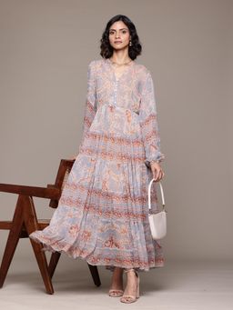 Label Ritu Kumar - Women Blue Balloon Sleeve V-Neck Chiffon Maxi Dress with Inner (Set of 2)