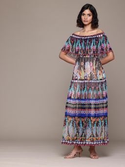 Label Ritu Kumar - Women Multi-Color Cape Off Shoulder Chiffon Maxi Dress